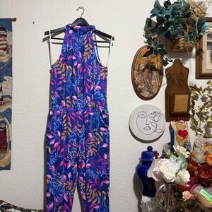 Lilly Pulitzer Wyota Jumpsuit women's‎ L Borealis Blue Purrfection sleeveless